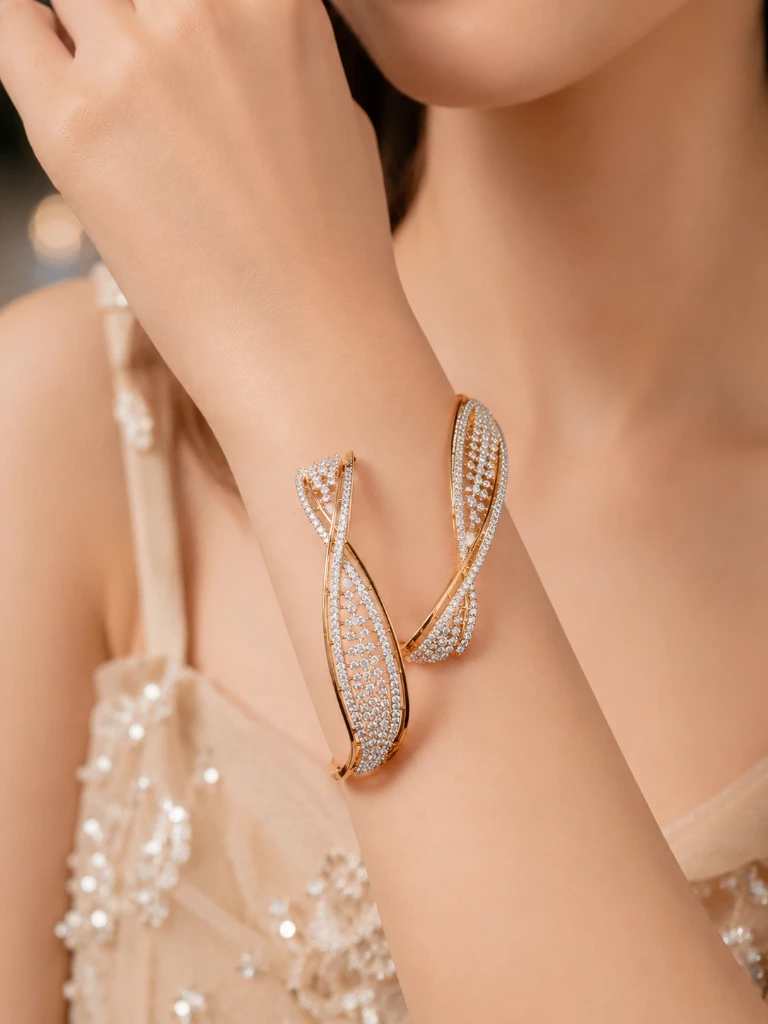 Elegant Gold-Tone Crystal Leaf Twist Bangle Bracelet
