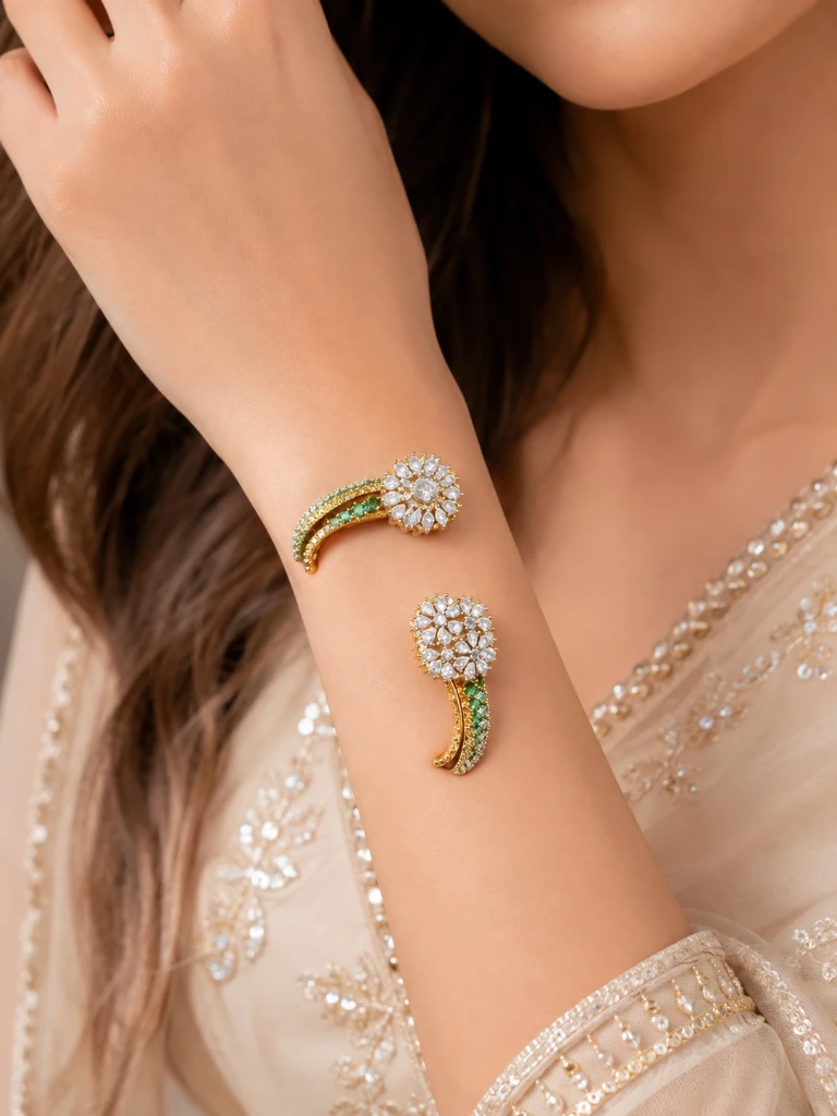 Royal Gold Floral Crystal Green Stone Statement Cuff Bracelet