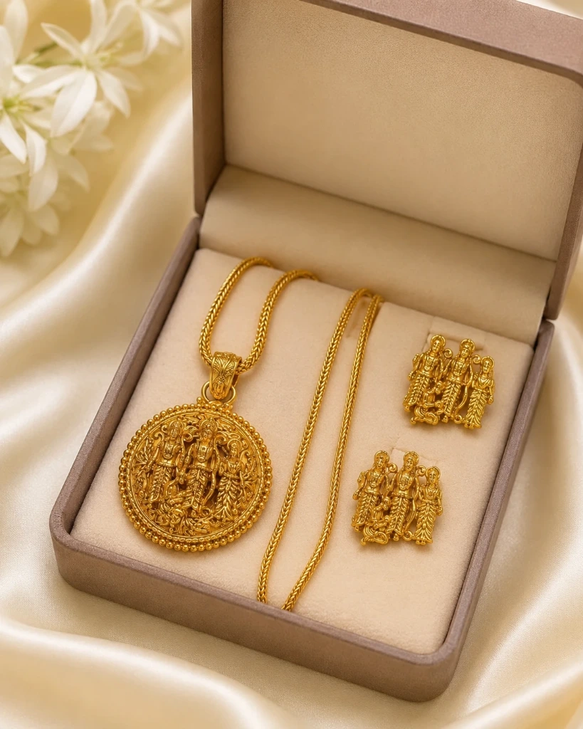 Premium Gold-Plated Temple Pendant Necklace Set with Matching Earrings