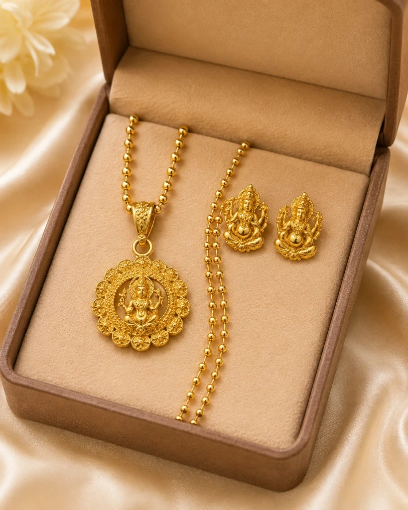 Gold-Plated Goddess Pendant Necklace Set with Matching Earrings