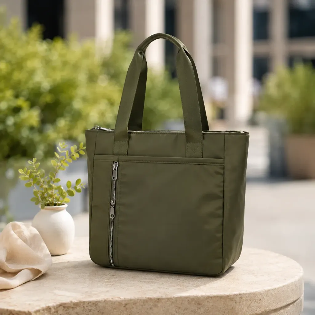 Women’s Olive Green Nylon Tote Bag – Lightweight Travel & Everyday Shoulder Handbag