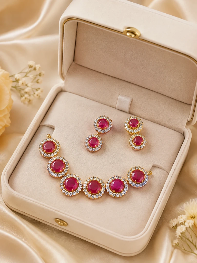 Elegant Ruby Red Stone Necklace & Matching Earrings Jewelry Set for Women